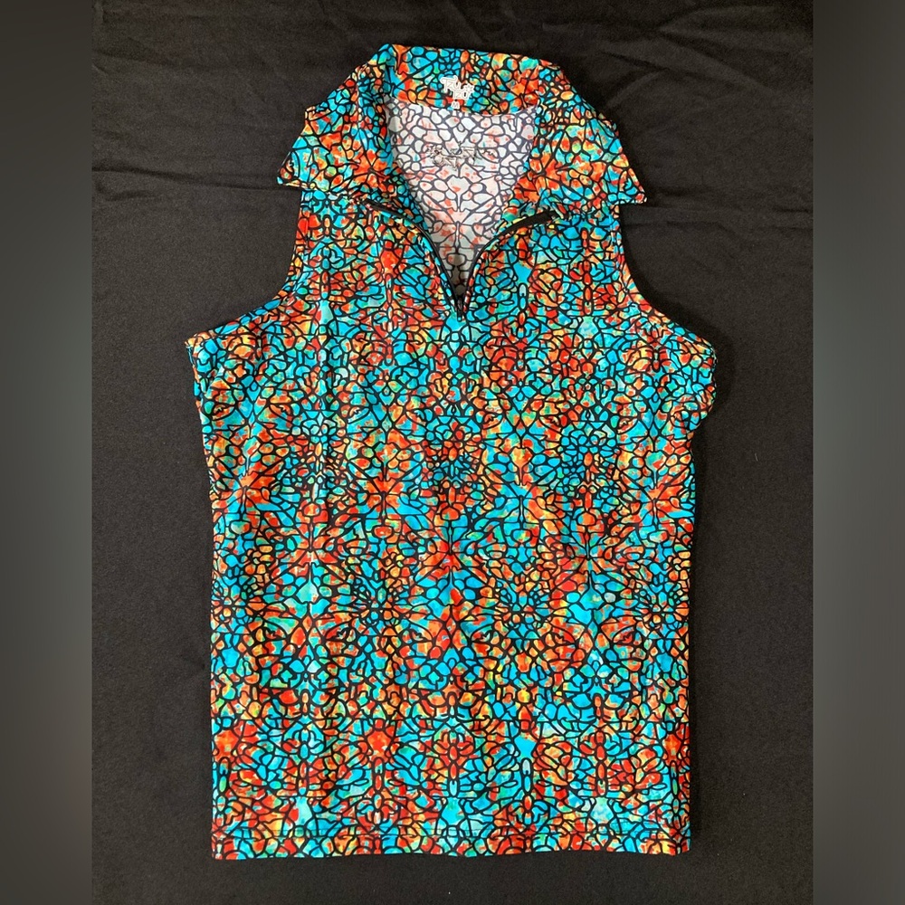 Tzu Tzu Women’s Colorful Patterned Sport Collared 1/4 Zip Sleeveless Top